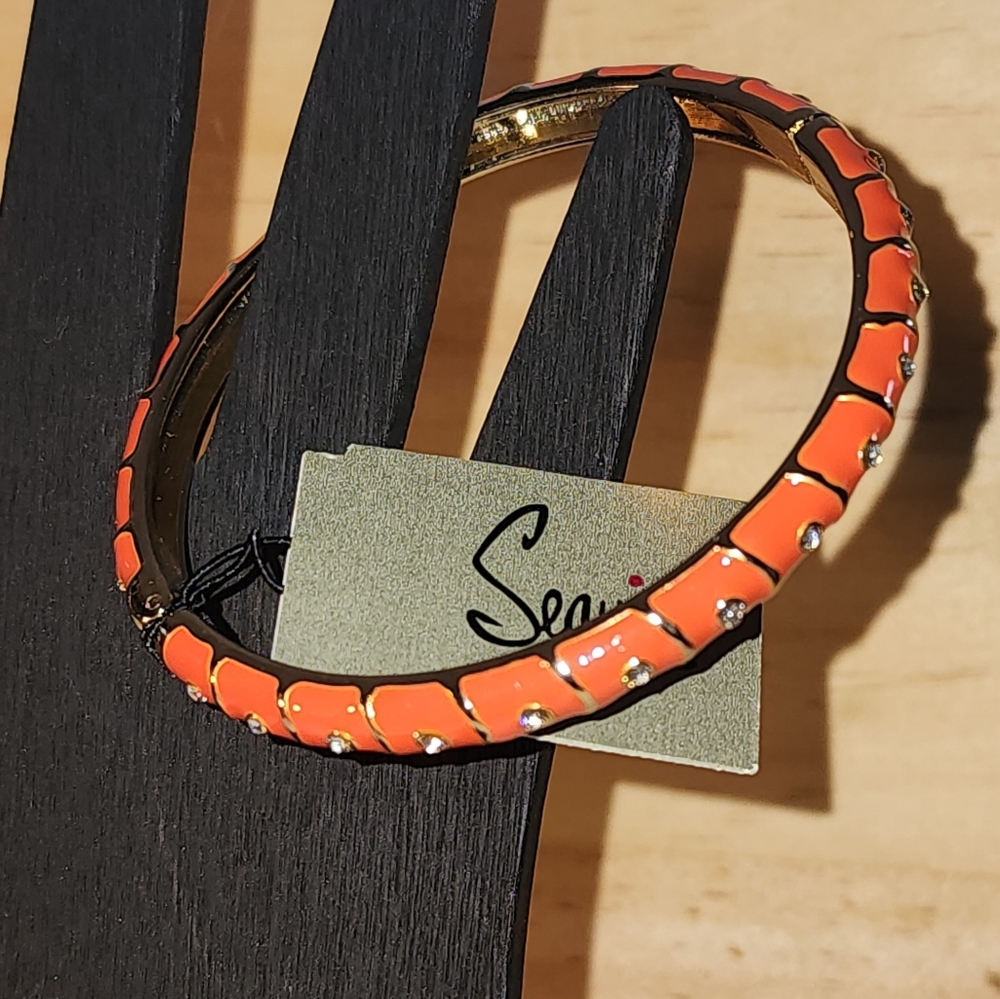 STUNNING Sequin™ Orange Enamel & Crystal Gold-Tone Bangle Bracelet – NWT